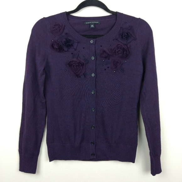 Banana Republic Sweaters - BANANA REPUBLIC Dark Purple Merino Wool Fower Button Cardigan